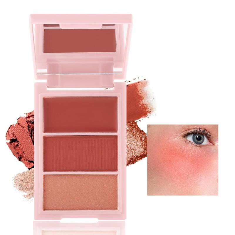 3 Colors Blush Palette, Blush and Highlighter Palette, Cream Face Blush Powder for Cheeks, Matte, Shimmer Illuminator for A Glowing Makeup Blend Brightening