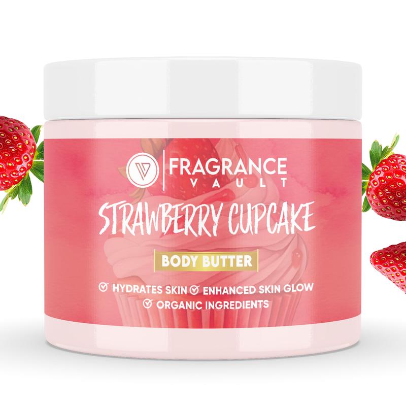 FragranceVault Body Butter Strawberry Cupcake Scent + Skin Glow Formula - Vitamin A for Skin Repair & Hydrated Skin