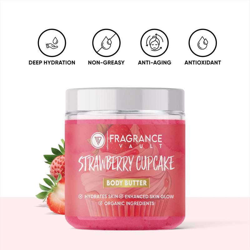 FragranceVault Body Butter Strawberry Cupcake Scent + Skin Glow Formula - Vitamin A for Skin Repair & Hydrated Skin