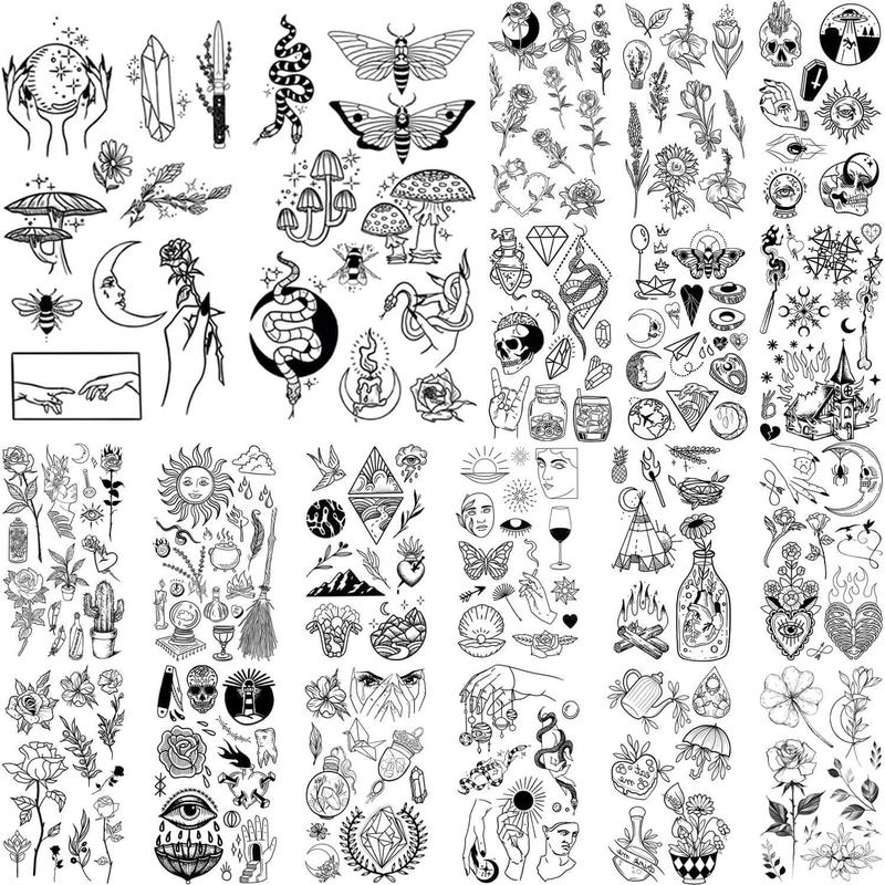150+ Pattern Black Tiny Temporary Tattoo, Hands Face Halloween Tattoo Sticker for Men Women, Flower Space Moon Snake Designs Body Art on Arm Neck Shoulder Clavicle Waterproof