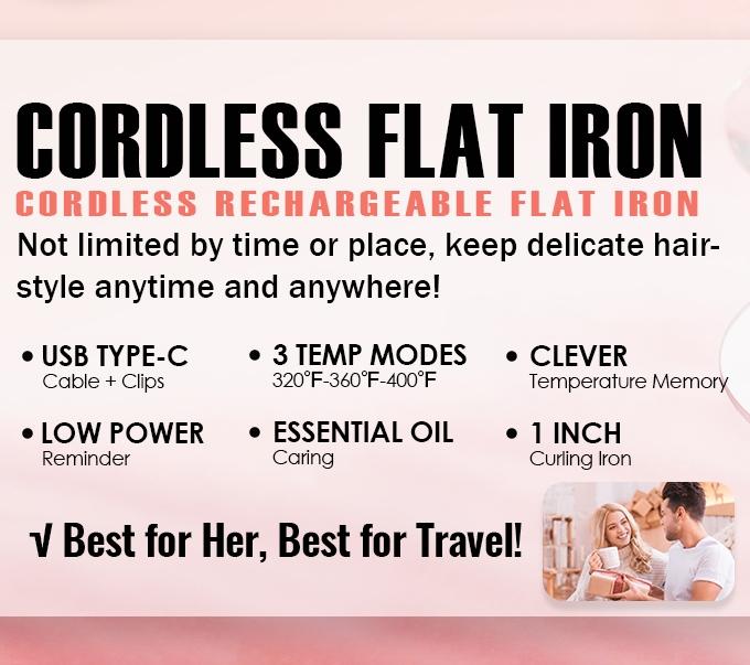 Cordless Hair Straightener, Novus Portable Ceramic Hair Straightener and Curler 2 in 1, USB Rechargeable, Mini Size Hair Straightener, Suitable for Travel, Quick Heating, Best Gift for Girls Women, Easy and Convenient to Use Comfort