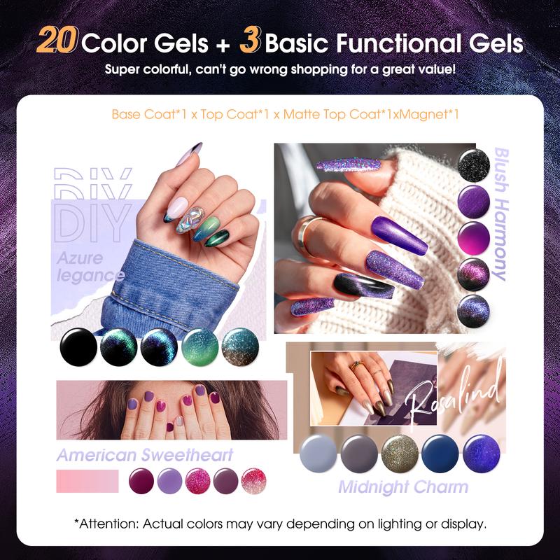 ROSALIND Cat Eye Christmas Gel Nail Polish Set, 20 Mini Colors Glitter Purple Shiny Gray Blue Magnetic Effect Sparkle Winter Gel Polish Gifts Women