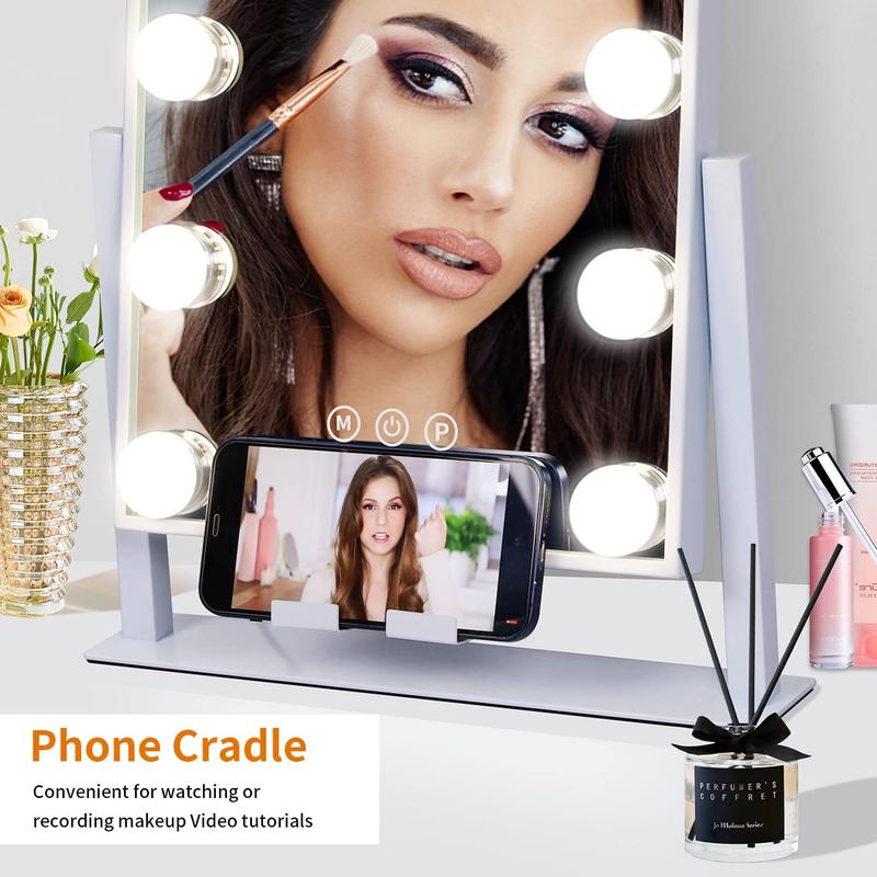 Vanity Mirror with Lights,Makeup Mirror,Lighted Mirror with 9 Dimmable LED Bulbs,3 Color Modes & Detachable 10X Magnification Mirror,360° Rotation,Smart Touch Control,Plug in