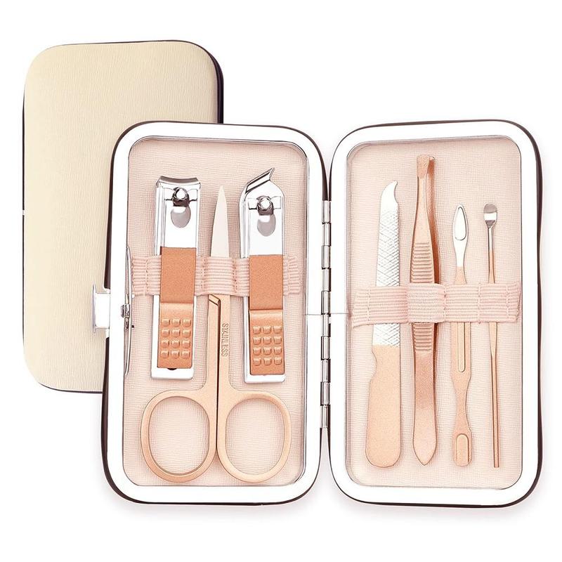 Floral Initial Name Pattern Nail Clipper Set with Storage Case, 7 Counts set Stainless Steel Nail Care Tools, Multifunctional Pedicure Manicure Tool Kit
