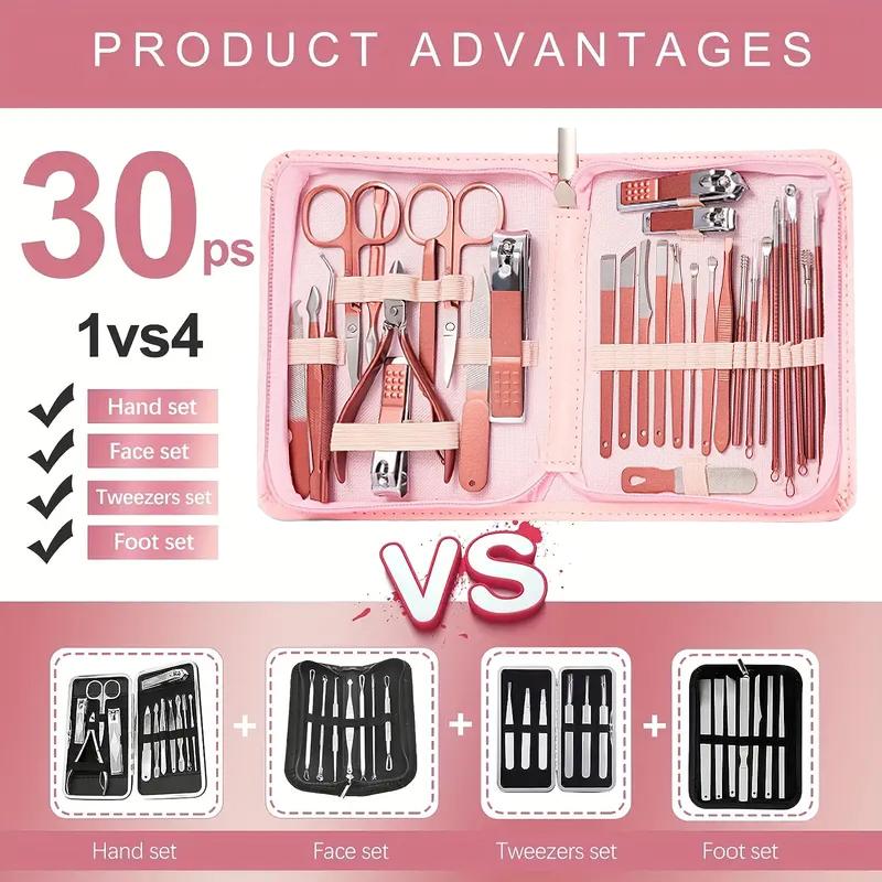 Pink 30-piece nail clipper set Portable nail clipper set Nail clipper Stainless steel pedicure professional kit Beauty manicure complete set