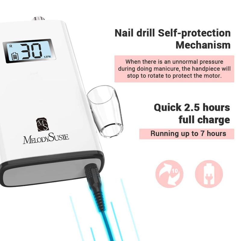 MelodySusie Professional Rechargeable 30000 rpm Nail Drill, Portable Electric E File Scamander, Acrylic Gel Grinder Tools with 6 Bits and Sanding Bands for Manicure Pedicure Shape Carve Polish