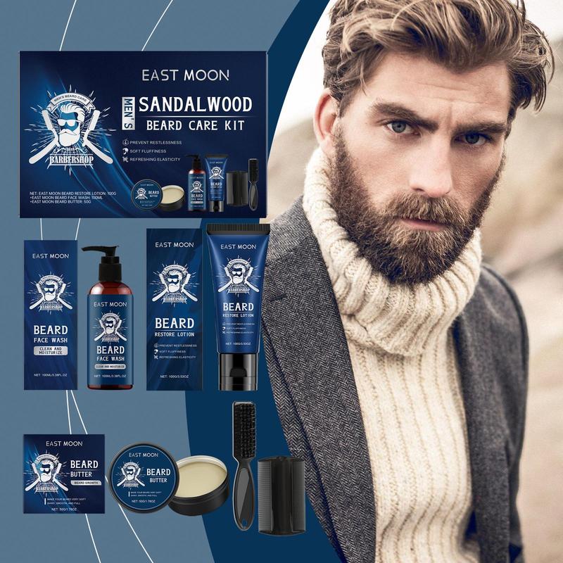 Men's Sandalwood Beard Care Kit, 5 Counts set Beard Shampoo & Conditioner & Brush & Comb & Moisturizing Oil, Beard Care Set for Men
