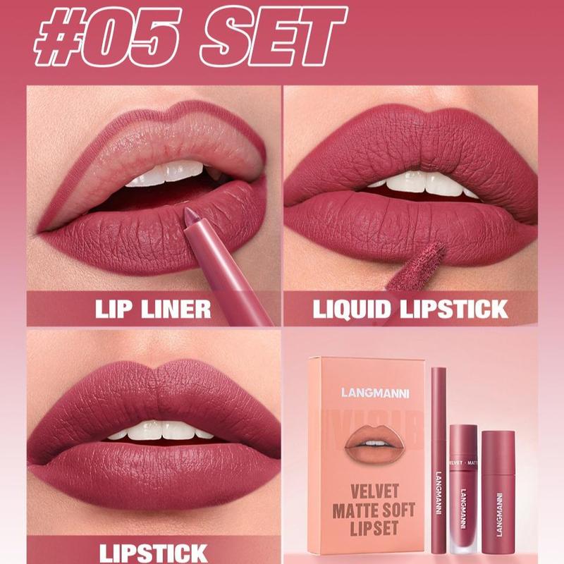 Long Lasting Lipstick Set, Lip Liner & Liquid Lipstick & Lipstick, Moisturizing Lip Makeup, Suitable for All Occasions Lip Makeup
