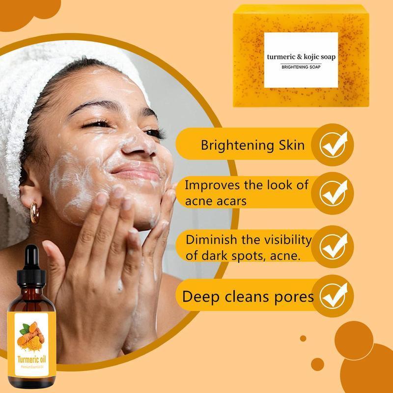 Turmeric Oil & Soap Set, 3 Counts Turmeric Soap Bar with 1 Count Soap Saver Bag & 1 Count Turmeric Essential Oil, Moisturizing Skin Care Set, Christmas Gift