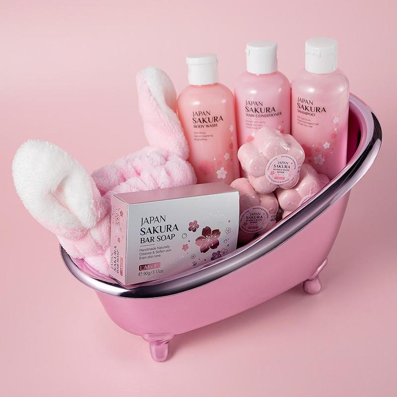 Sakura Body Wash & Bath Body Care Kit, Floating Soap Bar, Shower Gel, Hand Soap, Lotion, Face Cleanser, Hair Care, Skin Care, Personal Care Products, Stocking Fillers Gift