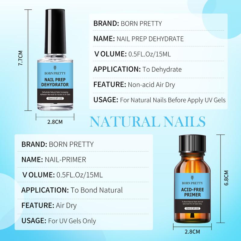 BORN PRETTY Natural Nail Prep Dehydrate and Bond Primer Acid-Free Dehydrator for Acrylic and Gel Nail Polish Non Acid Primer for UV Gels Fast Dry Superior Bonding Agent Gift Box Set For Nail Art Nail Care