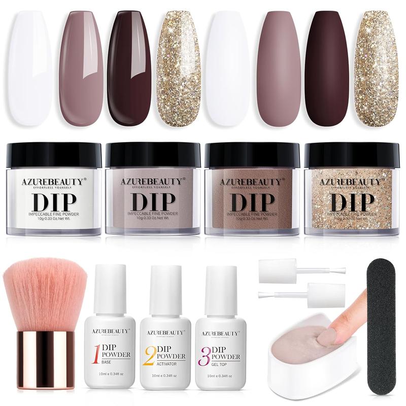 Dip Powder Nail Starter Kit White Mauve Glitter Champagne, Dipping Powder 4 Colors Fall Winter Set, French Nail Art Base & Top Coat Activator Essential Liquid Manicure DIY Salon 12 PCS