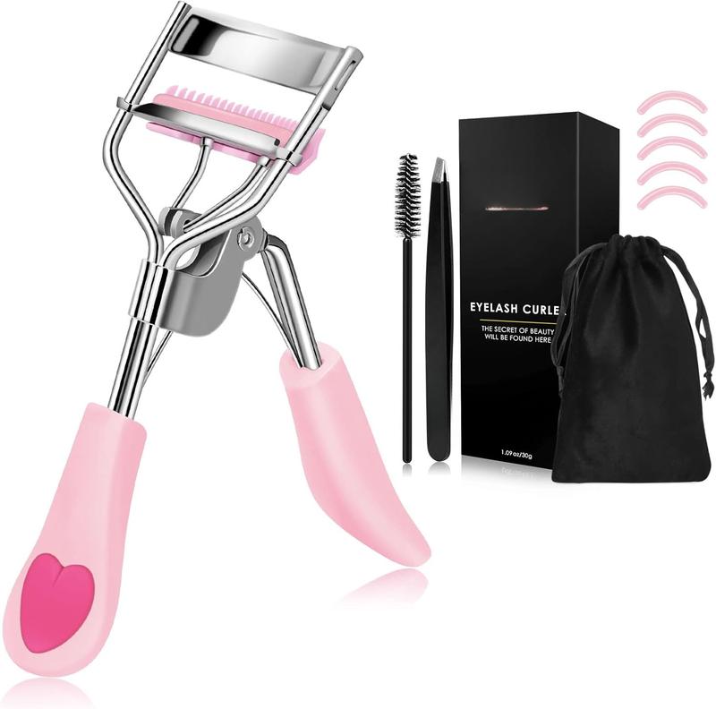 Eyelash Curler with 5 count Silicone Refill Pad Fit All Eye Shape Curved Eyelash Curler, and Long Lasting Lash Curler for Women Make Up Gift(Light Pink)