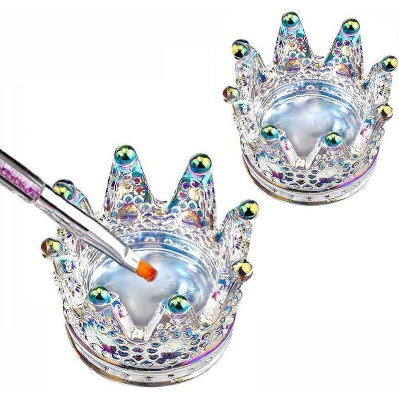 2PCS Nail Art Dappen Dish 2 In 1 Glass Dish for Nail Acrylic Liquid Powder–Nail Crystal Bowl Glass Nails Cup Nails Pen Holder, Crown Nails Glass Dish, Colorful Laser