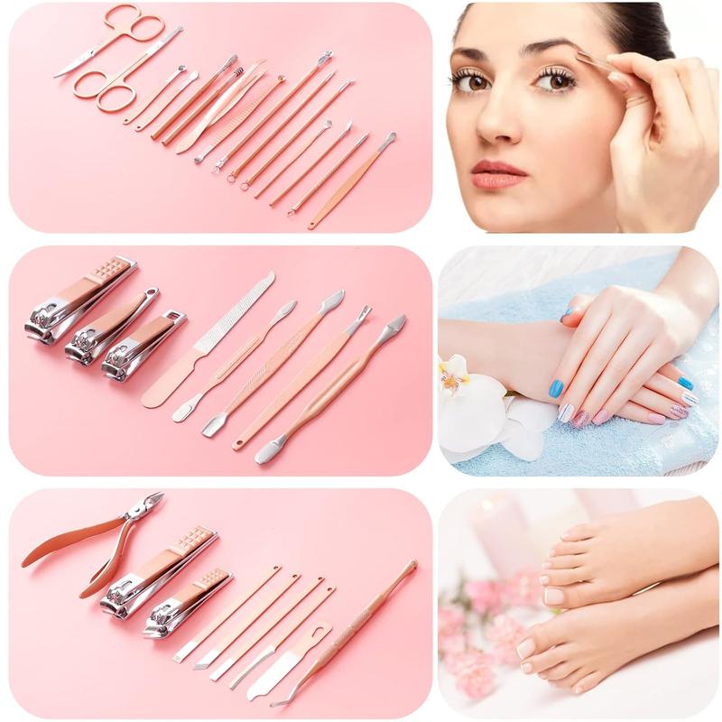 26 Pcs Manicure Set,Professional Pedicure Kit,Stainless Steel Nail Clippers for Women,Pedicure Care Tools with Pink Leather Travel Case-Rose Gold