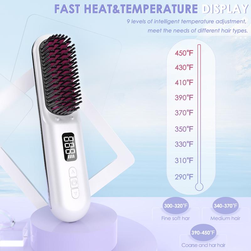 Cordless Hair Straightener Brush:Househerb Rechargeable Portable 9600mAh Mini Hair Straightening Brush for Travel, Styling Tools