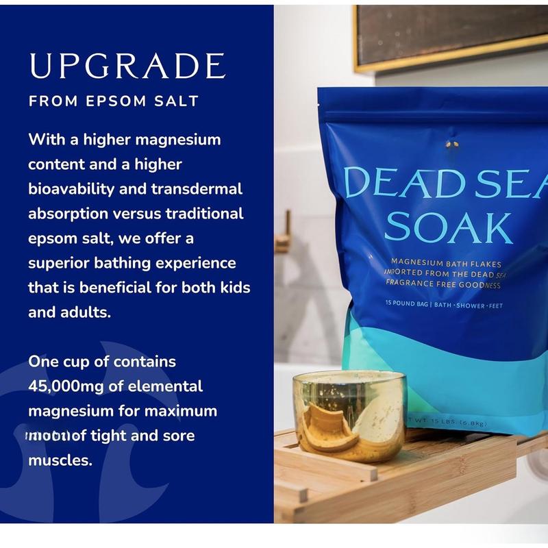 Dead Sea Bath & Foot Soak, 15lb, Unscented Magnesium Bath Salt Flakes, Alternative to Epsom Salt with Over 800,000mg of Elemental Magnesium Per Bag